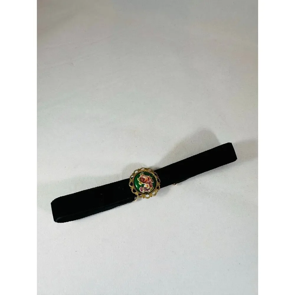 Vintage Western Germany Black Velvet Choker Floral Cabochon Necklace 13